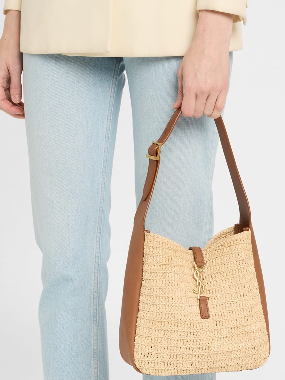 Saint Laurent Women Le 5 À 7 Supple Small Shoulder Bag in Raffia and Leather - Picture 2 of 6